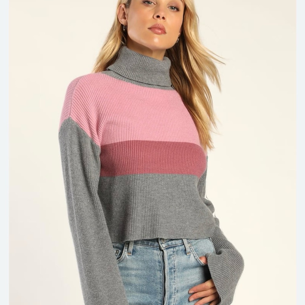 Lulus Cozy as Usual Grey & Pink Color Block Turtleneck Knit Sweater NWT